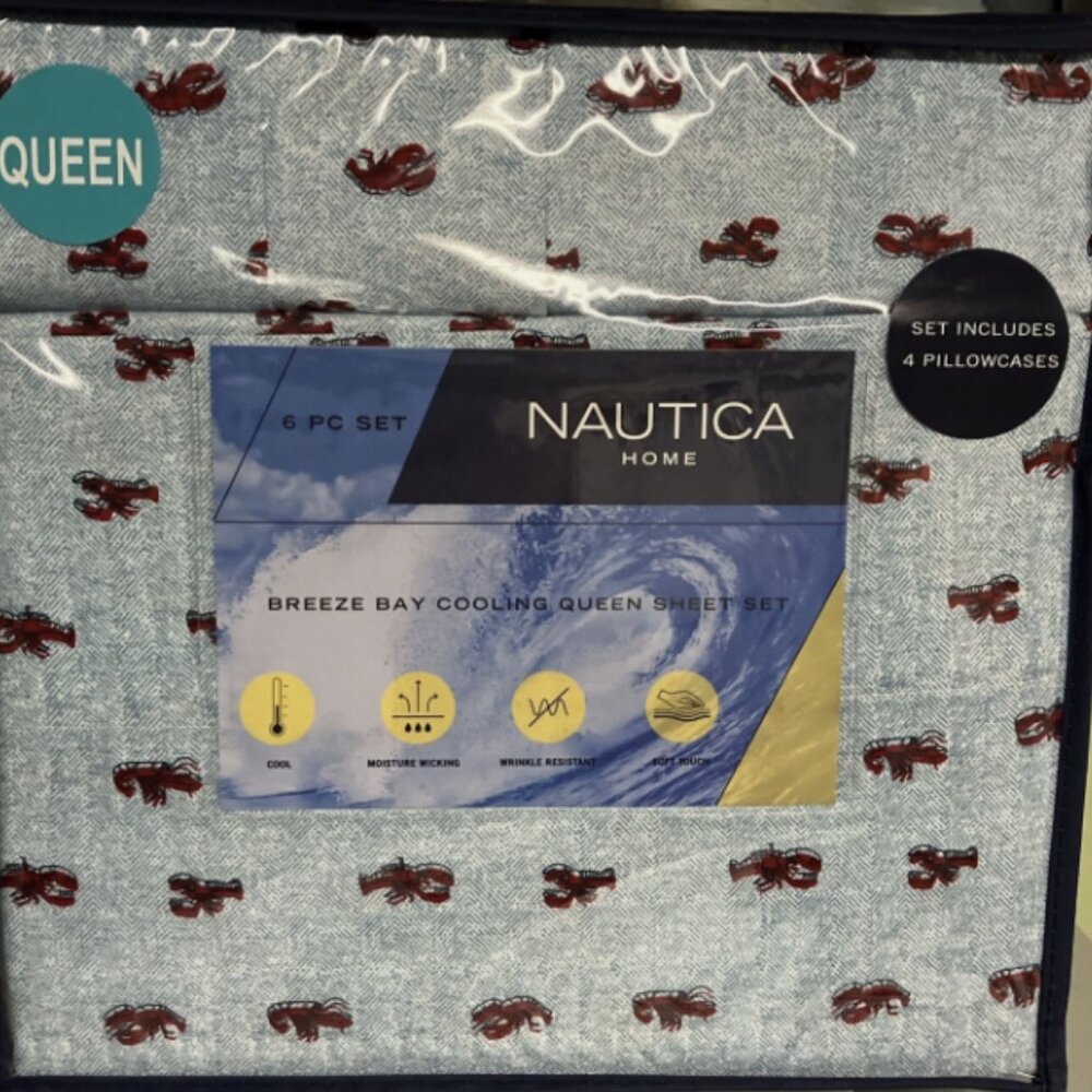 Nautica Queen Sheet Set 6PC NEW Red Lobster Coastal Nautical Beach Bedding